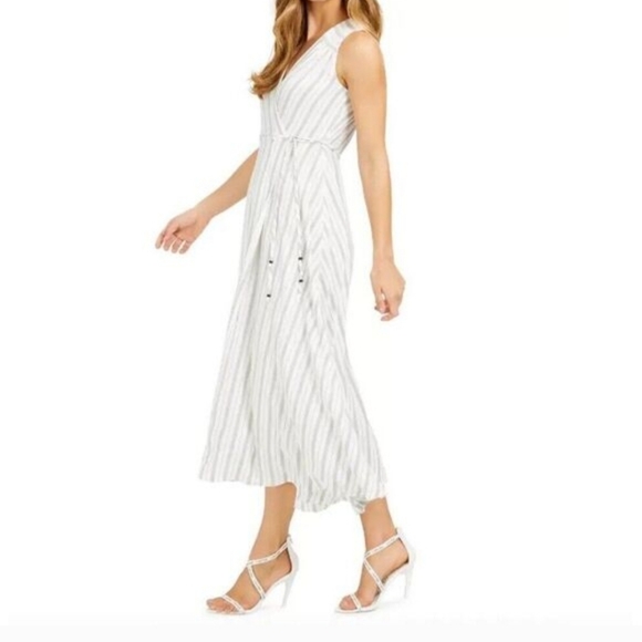 Calvin Klein White Grey Faux-Wrap Striped A-Line Maxi Dress Size 10 NWOT'S - Picture 3 of 13